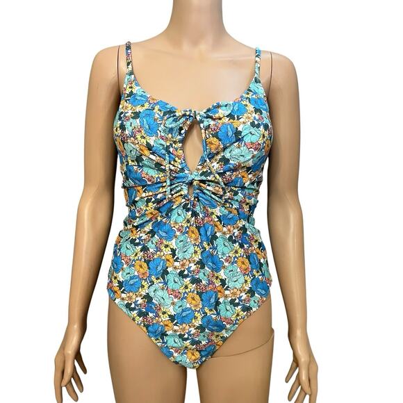 Cupshe One Piece Floral Swimsuit XL Ruched Tied Front Cutout Cheeky White Multi - Picture 1 of 7